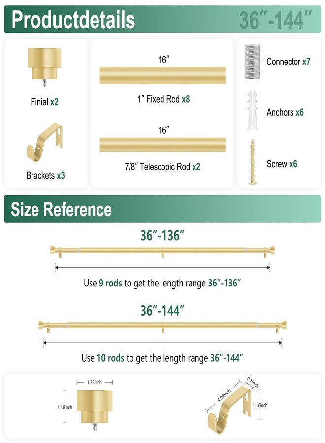HEI! DEAR Gold Curtain Rods 72 to 144 Inch(6-12FT),1 Inch Long Curtain Rod,Adjustable Heavy Duty Curtain Rods,Modern Decorative Drapery Rods,Telescoping Window Single Curtains Rods 36-150",Brass Gold - Image 5
