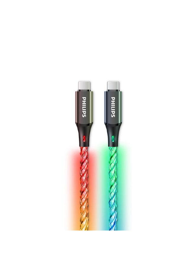 Philips 1.2m USB C to USB C Cable, RGB Ambilight Party Charging Cable (60W), Dirt-Free & Tangle-Free Type C Fast Charging, Slim Connector for iPhone 16/15 Series, MacBook Air, iPad Pro, Samsung Galaxy - Black - Image 1