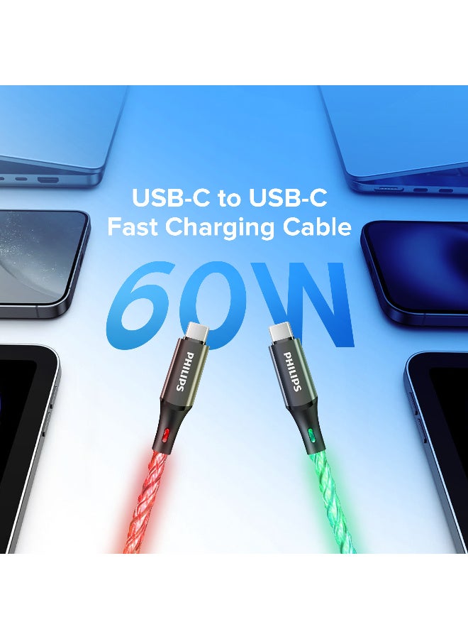 Philips 1.2m USB C to USB C Cable, RGB Ambilight Party Charging Cable (60W), Dirt-Free & Tangle-Free Type C Fast Charging, Slim Connector for iPhone 16/15 Series, MacBook Air, iPad Pro, Samsung Galaxy - Black - Image 3