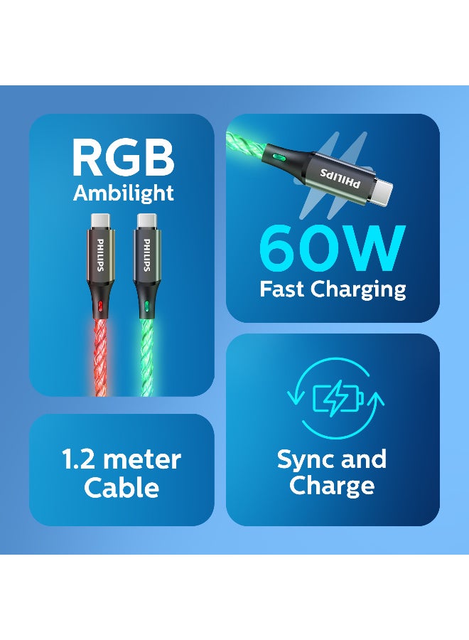 Philips 1.2m USB C to USB C Cable, RGB Ambilight Party Charging Cable (60W), Dirt-Free & Tangle-Free Type C Fast Charging, Slim Connector for iPhone 16/15 Series, MacBook Air, iPad Pro, Samsung Galaxy - Black - Image 2
