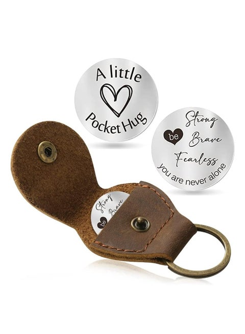 Pocket Hug Token, Double-Sided Engraved Keepsake with Leather Keychain.