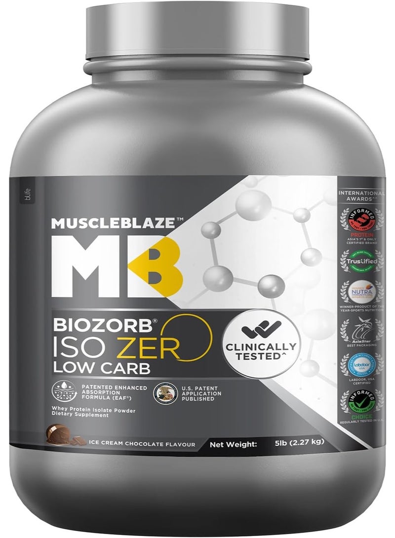 MuscleBlaze Biozorb Iso-Zero, Low Carb (Ice Cream Chocolate, 5lbs / 2.27kg) | 27g Pure Whey Protein Isolate Per Scoop - Image 1