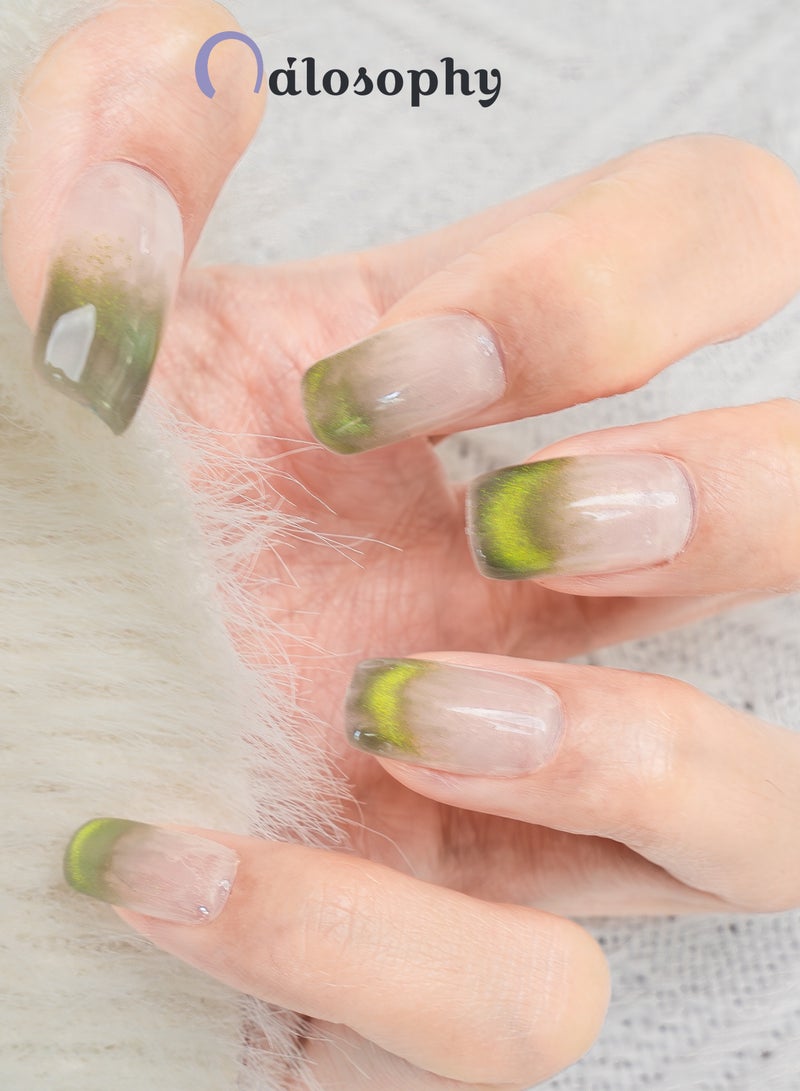 Nailosophy 10 Pcs Handmade Gel Press On Nails Short Oval Green Ombre Gradient Reusable False Nails Nail Kit for Women Daily Wear Office Wedding Eid - Image 1