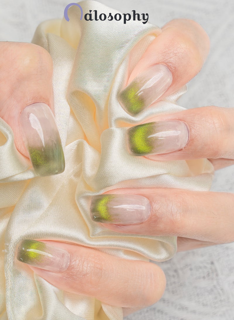 Nailosophy 10 Pcs Handmade Gel Press On Nails Short Oval Green Ombre Gradient Reusable False Nails Nail Kit for Women Daily Wear Office Wedding Eid - Image 2