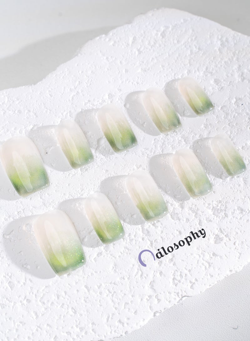 Nailosophy 10 Pcs Handmade Gel Press On Nails Short Oval Green Ombre Gradient Reusable False Nails Nail Kit for Women Daily Wear Office Wedding Eid - Image 3