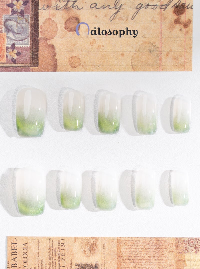 Nailosophy 10 Pcs Handmade Gel Press On Nails Short Oval Green Ombre Gradient Reusable False Nails Nail Kit for Women Daily Wear Office Wedding Eid - Image 4