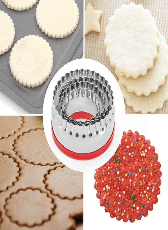 COOKIEQUE مجموعة قوالب تقطيع البسكويت الدائرية المضلعة من كوكي كيو، 4 قطع، مجموعة قوالب تقطيع البسكويت المعدنية الدائرية، قالب تقطيع البسكويت المتموج ذو الحافة المضلعة، تصميم فريد مع غطاء واقٍ أحمر من مادة PVC - Image 5