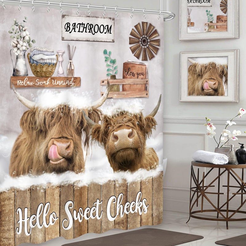 اميريل Imirell Highland Cow Surtain Stain 60wx72H Inges Rustic Farmhouse Bull Funny Animal Wooden Board Country Western Western Wildlife Plant Nature Farm Plact Plantproof Polyester with 12 Pack Packs Plastic - Image 1