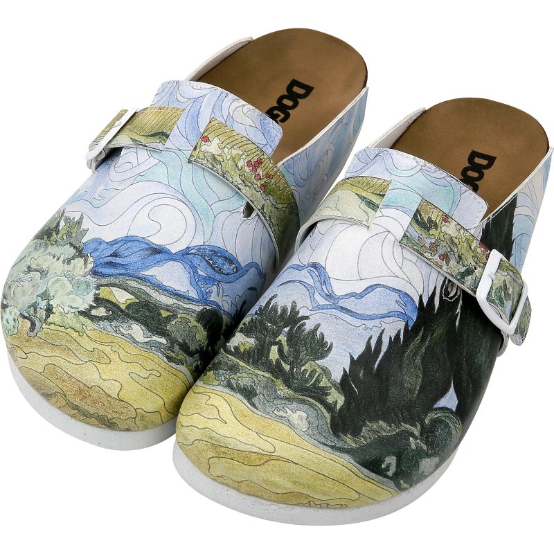 Dogo أحذية دوجو للنساء من الجلد النباتي والمصنوعة يدويًا - أحذية مولا للنساء بتصميم حقل القمح مع السروات لفنسنت فان غوخ