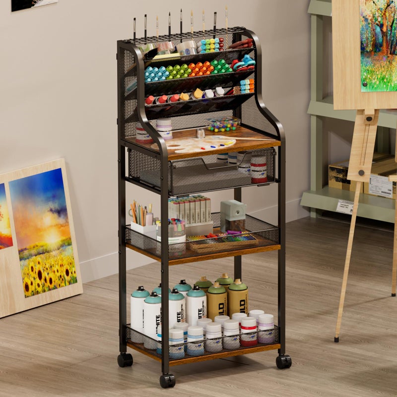 Jakyitvi Large 7-Tier Rolling Utility Cart with Drawer, 40in Tall Metal Craft & Art Storage Organizer with Lockable Wheels, Storage for Art Studio, Drawing Room, Paints & Supplies - Image 1