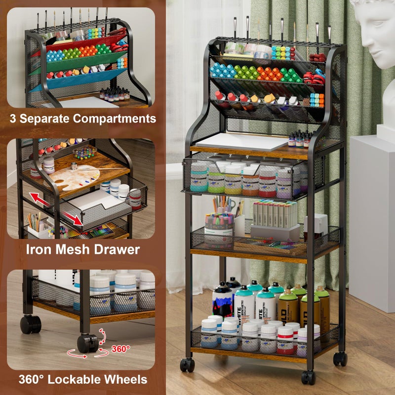Jakyitvi Large 7-Tier Rolling Utility Cart with Drawer, 40in Tall Metal Craft & Art Storage Organizer with Lockable Wheels, Storage for Art Studio, Drawing Room, Paints & Supplies - Image 3