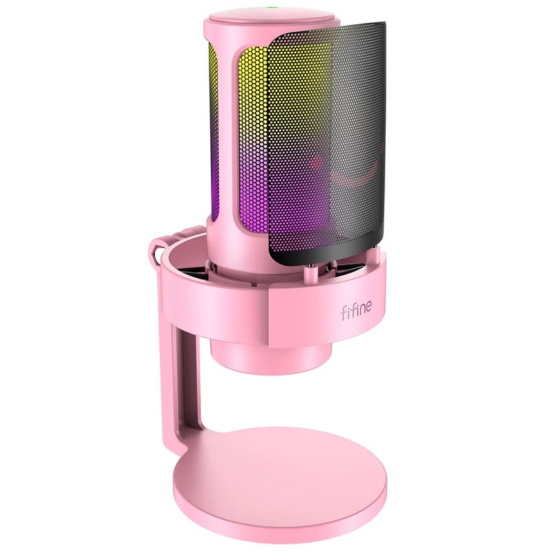 FIFINE ميكروفون FIFINE USB للبث المباشر للألعاب، ميكروفون مكثف لسطح المكتب للكمبيوتر للاستخدام المنزلي، يوتيوب، مع تحكم RGB، زر زيادة الصوت، مقبس سماعة 3.5 مم، حامل صدمات، على الكمبيوتر/PS5-AmpliGame A8 وردي - Image 1