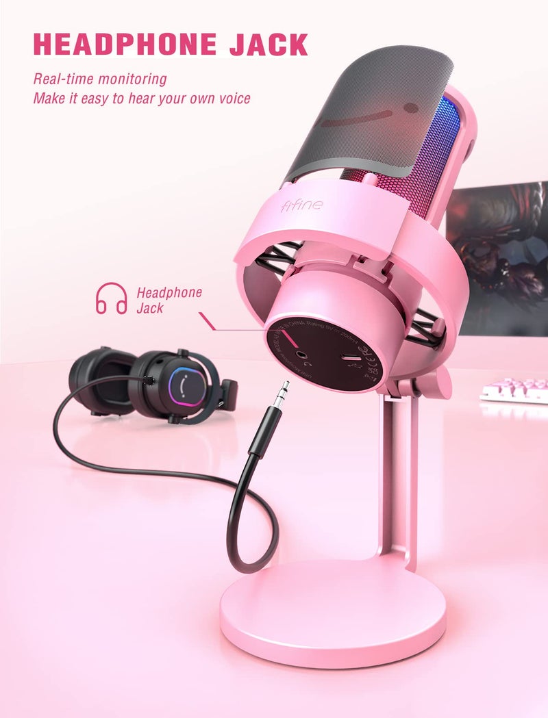 FIFINE ميكروفون FIFINE USB للبث المباشر للألعاب، ميكروفون مكثف لسطح المكتب للكمبيوتر للاستخدام المنزلي، يوتيوب، مع تحكم RGB، زر زيادة الصوت، مقبس سماعة 3.5 مم، حامل صدمات، على الكمبيوتر/PS5-AmpliGame A8 وردي - Image 3