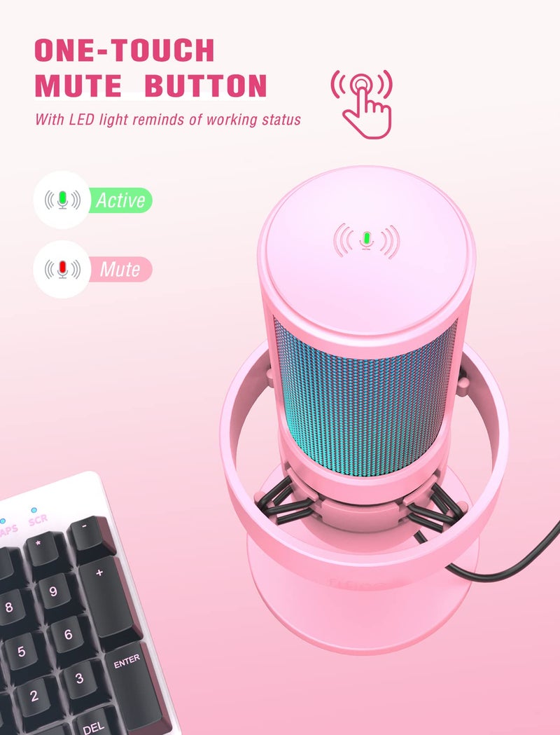 FIFINE ميكروفون FIFINE USB للبث المباشر للألعاب، ميكروفون مكثف لسطح المكتب للكمبيوتر للاستخدام المنزلي، يوتيوب، مع تحكم RGB، زر زيادة الصوت، مقبس سماعة 3.5 مم، حامل صدمات، على الكمبيوتر/PS5-AmpliGame A8 وردي - Image 4