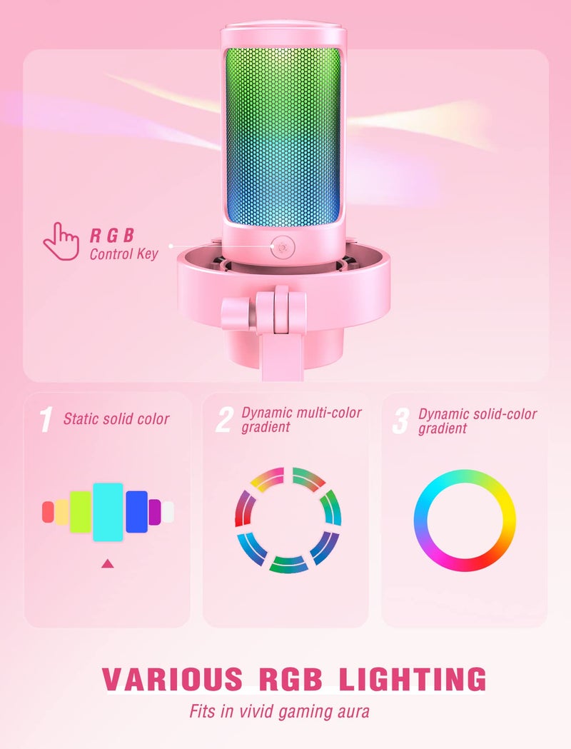 FIFINE ميكروفون FIFINE USB للبث المباشر للألعاب، ميكروفون مكثف لسطح المكتب للكمبيوتر للاستخدام المنزلي، يوتيوب، مع تحكم RGB، زر زيادة الصوت، مقبس سماعة 3.5 مم، حامل صدمات، على الكمبيوتر/PS5-AmpliGame A8 وردي - Image 2