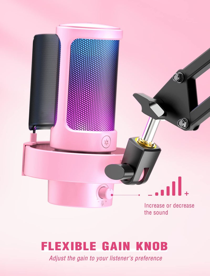 FIFINE ميكروفون FIFINE USB للبث المباشر للألعاب، ميكروفون مكثف لسطح المكتب للكمبيوتر للاستخدام المنزلي، يوتيوب، مع تحكم RGB، زر زيادة الصوت، مقبس سماعة 3.5 مم، حامل صدمات، على الكمبيوتر/PS5-AmpliGame A8 وردي - Image 5