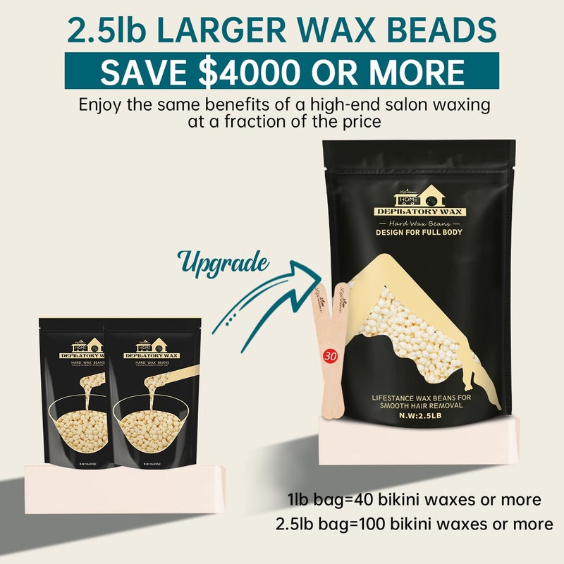 Lifestance 2.5lb Wax Beads Kit, Cream Hard Wax Beans For Hair Removal Eyebrow Face Underarm, Waxing for Brazilian Bikini Coarse Hair Women Men Large Pearl Beads Refill for Wax Pots - Image 2