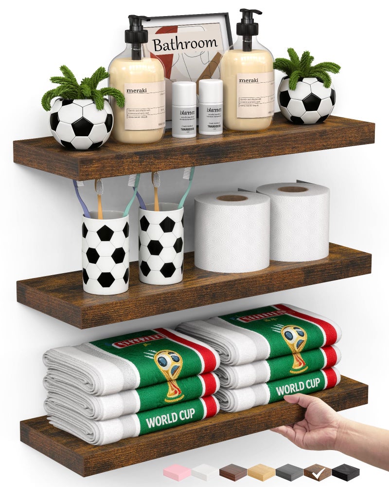 BAYKA Floating Shelves for Wall – Bathroom Shelves Rustic Wood with Metal Brackets for Bathroom, Bedroom, Kitchen, or Living Room Decor – Rustic Brown, Set of 3, Sturdy Storage with 22lb Capacity