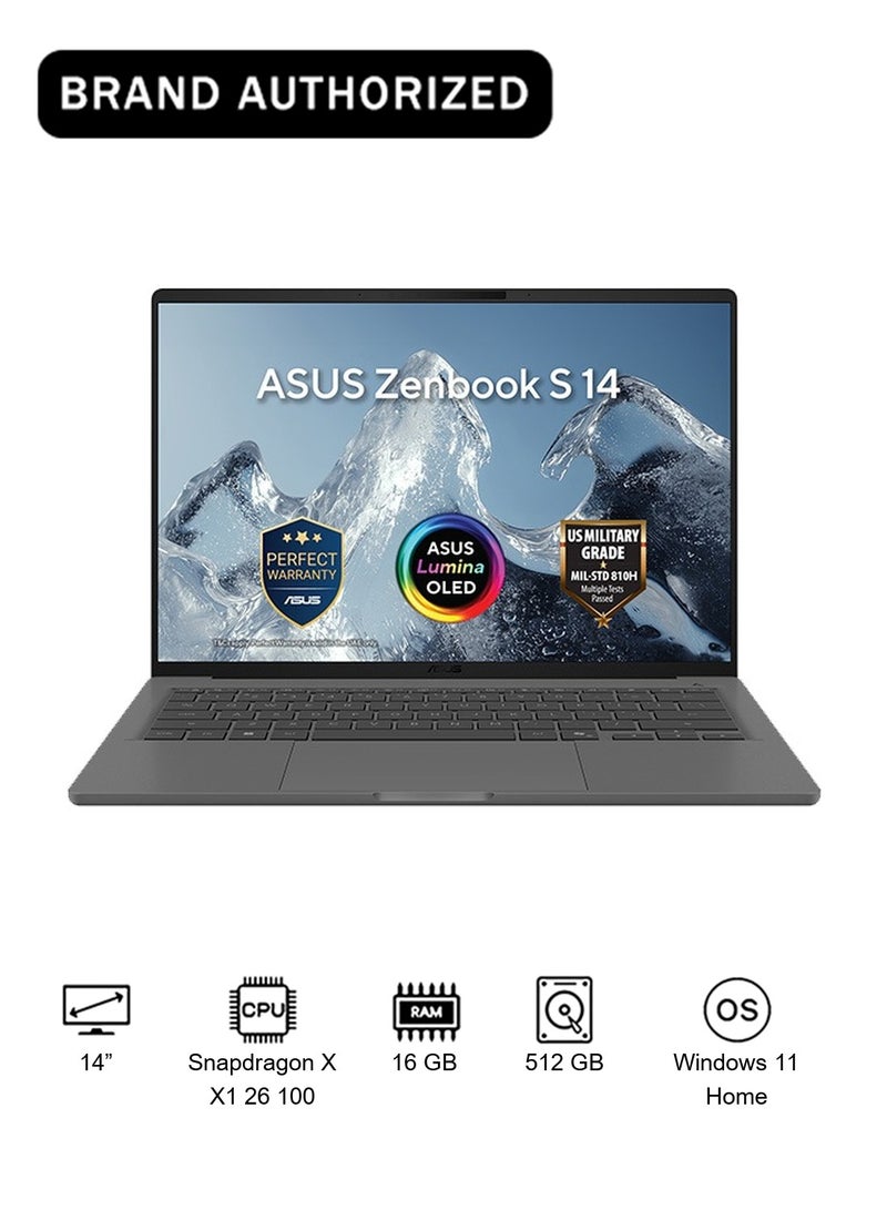 أسوس Zenbook A14 Laptop With 14-Inch Display,Snapdragon X  X1 26 100 Processor/16GB RAM/512GB SSD/Windows 11 Home Arabic Iceland Gray - Image 1