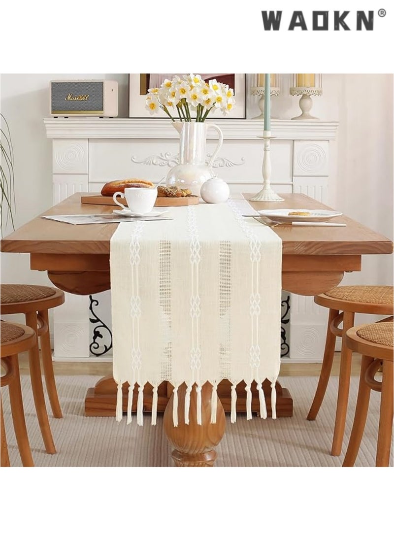 WAOKN Table Runner, 30 * 180 CM Burlap Table Runner for Modern Farmhouse Decor, Natural Cotton Woven Runner with Tassels for Wedding Party Farmhouse Dining Table Decor  - Image 2