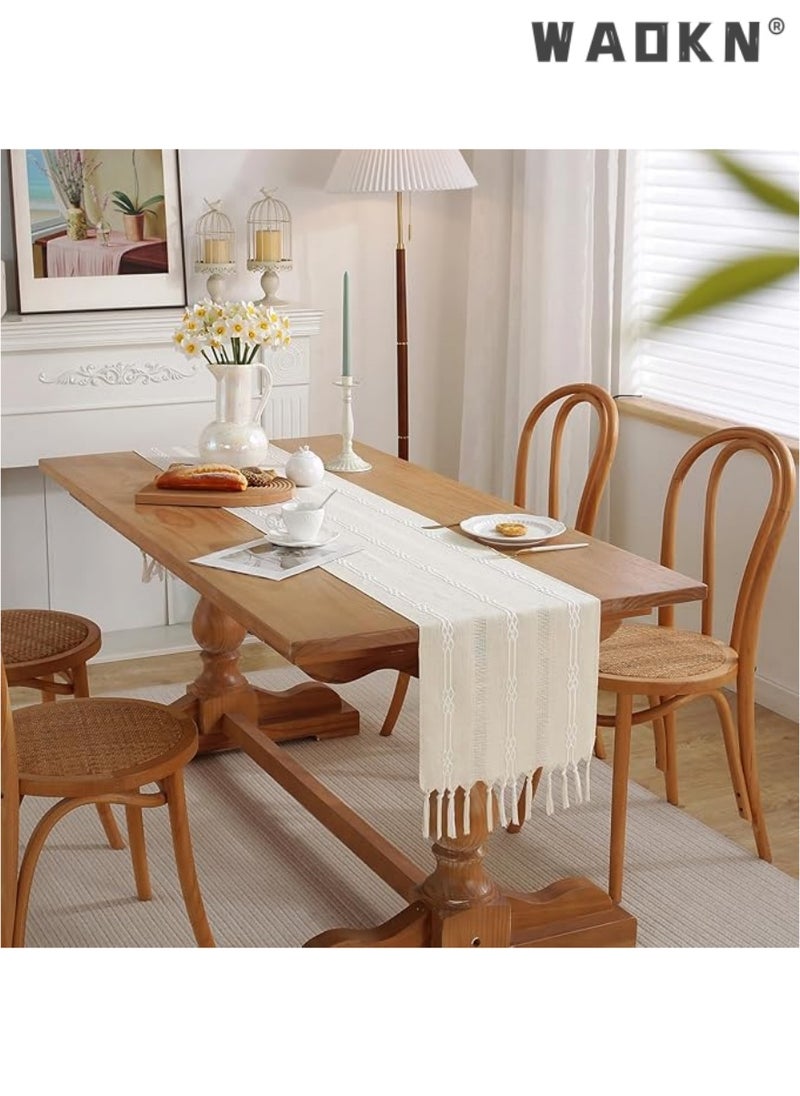 WAOKN Table Runner, 30 * 180 CM Burlap Table Runner for Modern Farmhouse Decor, Natural Cotton Woven Runner with Tassels for Wedding Party Farmhouse Dining Table Decor  - Image 3