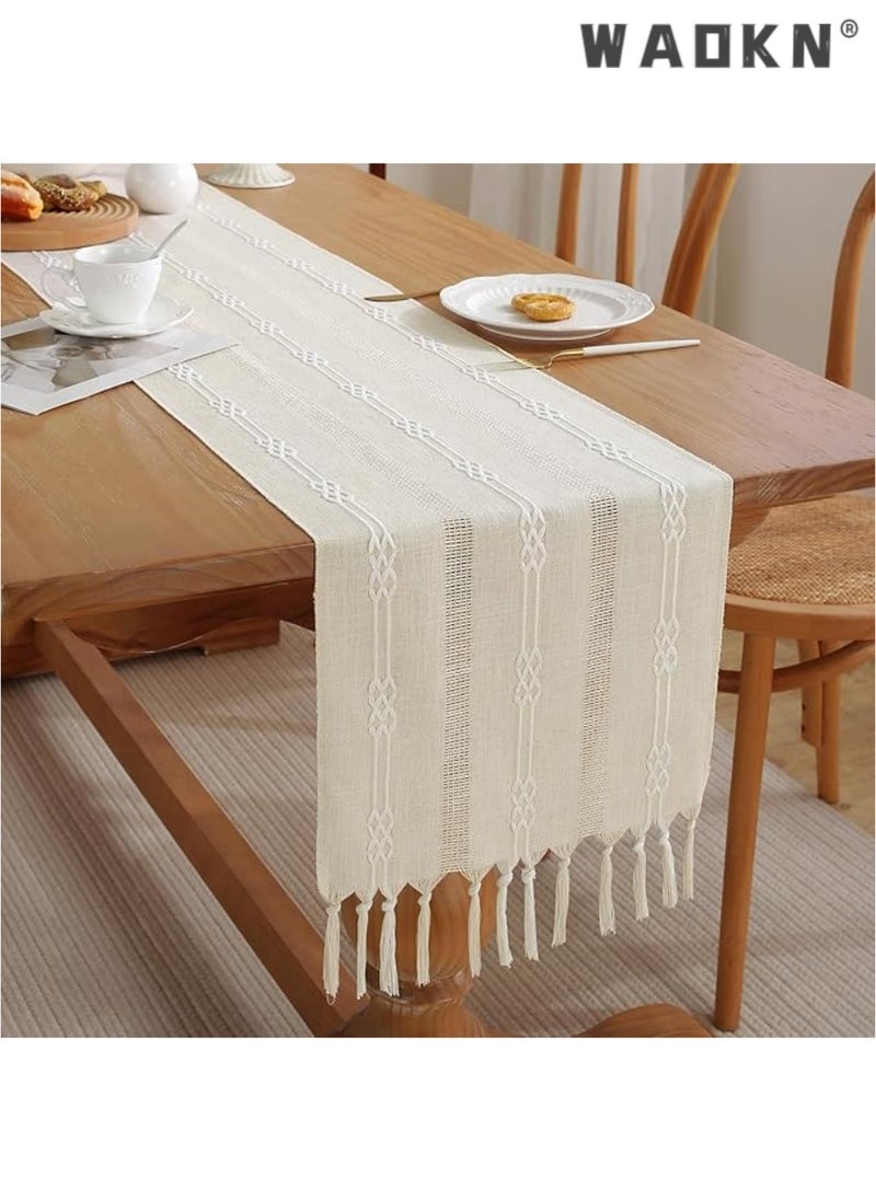 WAOKN Table Runner, 30 * 180 CM Burlap Table Runner for Modern Farmhouse Decor, Natural Cotton Woven Runner with Tassels for Wedding Party Farmhouse Dining Table Decor  - Image 4