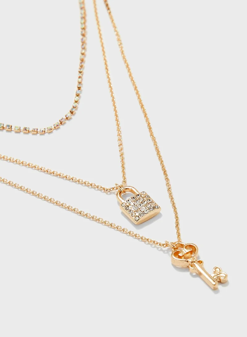 Ginger Triple Layer Lock And Key Necklace