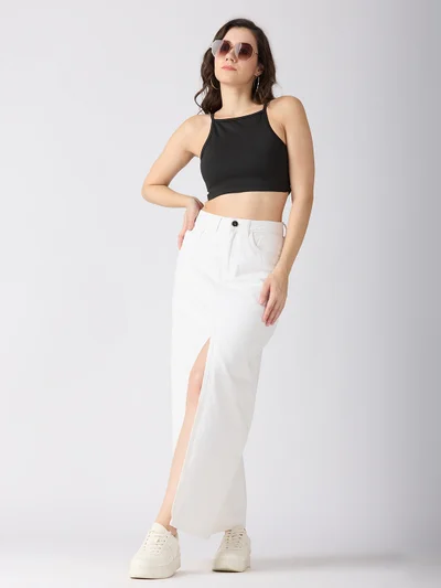 globus Women Solid Mid-Rise Front Slit Straight Maxi Denim Skirt