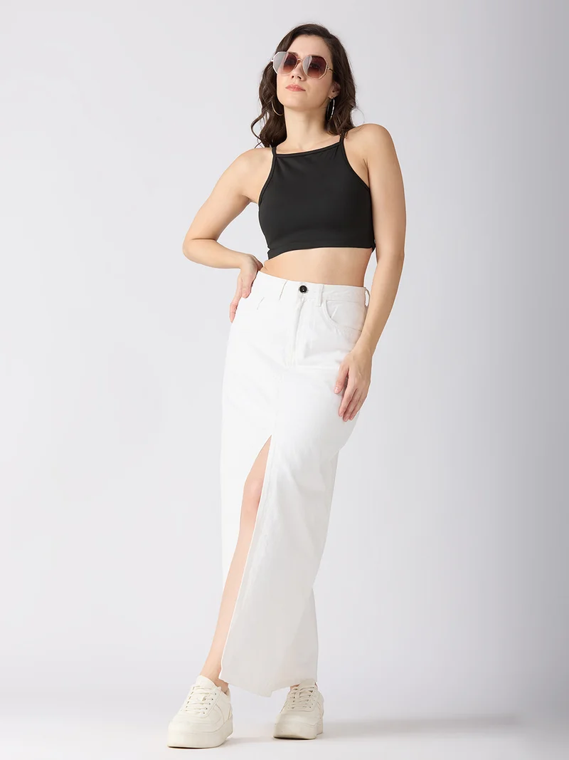 globus Women Solid Mid-Rise Front Slit Straight Maxi Denim Skirt