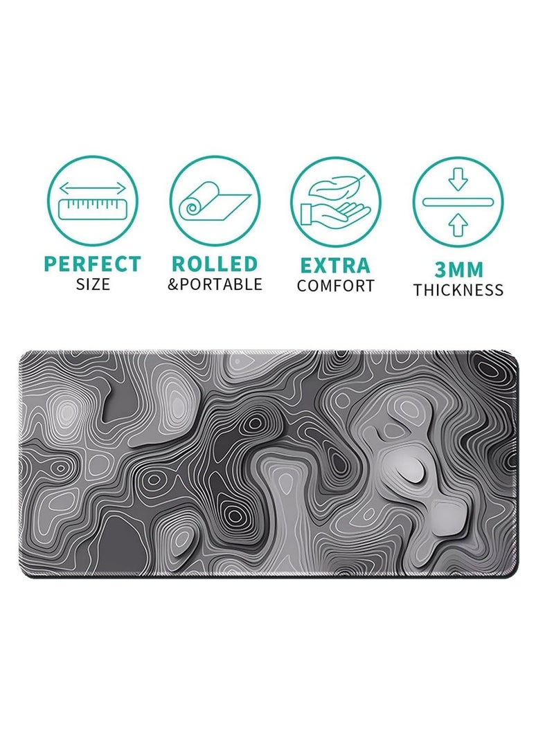 ECVV وسادة ماوس ECVV للألعاب XL - 80x30 سم حصيرة ماوس كبيرة مع قاعدة مطاطية مضادة للانزلاق للوحة المفاتيح والماوس، للاستخدام المنزلي والمكتبي (تدرج أسود مع خط طبوغرافي) - Image 2