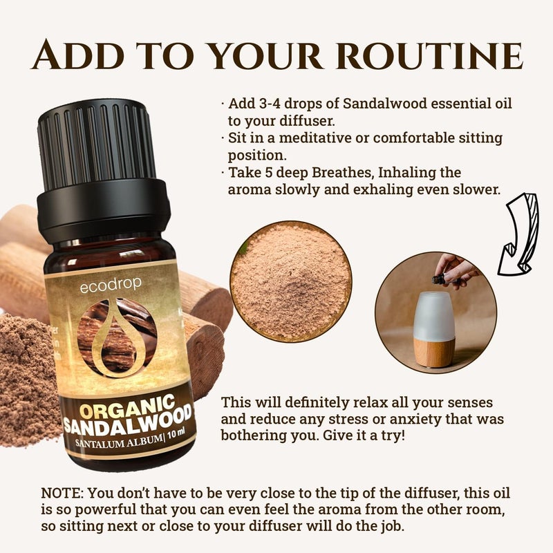 Ecodrop Pure Sandalwood Essential Oil - 0.33 Fl Oz | 100% Natural Therapeutic Grade Indian Santalum Album Oil | Organic Aromatherapy Diffuser & Topical Oil for Relaxation & Skincare - Image 3