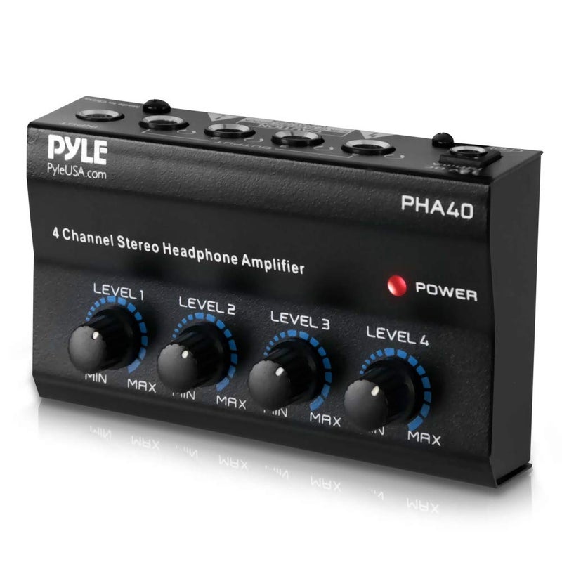 Pyle 4-Channel Portable Stereo Headphone Amplifier - Professional Multi Channel Mini Earphone Splitter Amp w/ 4 Â¼â€ Balanced TRS Headphones Output Jack and 1/4" TRS Audio Input For Sound Mixer - Image 1