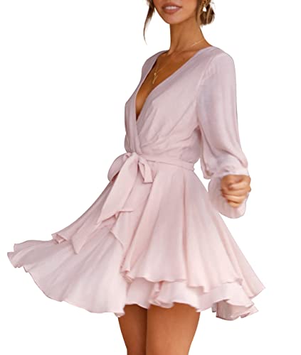 Cosonsen Womens Short Dresses Elegant V-Neck Long Sleeve Tie Waist Swing Dress Pink XXL - Image 2