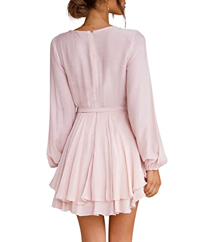 Cosonsen Womens Short Dresses Elegant V-Neck Long Sleeve Tie Waist Swing Dress Pink XXL - Image 3