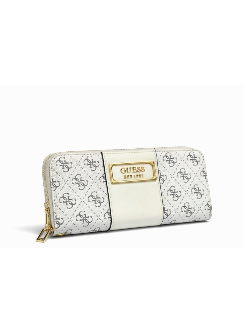 GUESS Monogram Zip-Around Wallet with Metal Logo Plate – White