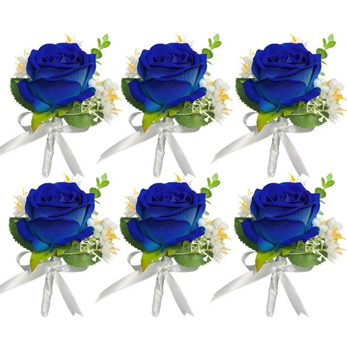 6PCS BOUTONNIERES WITH PINS FOR MEN WEDDING GROOM BROOCH BOUQUETS BEST MAN ROYAL NAVY BLUE FOR WEDDING PARTY PROM