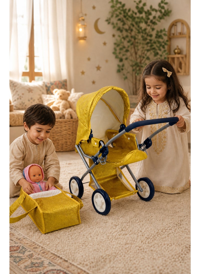 Baby Doll Stroller Include Doll Pram, Carrier and Stroller, Foldable Toy Gold Blink Fabric Seat with Metal Frame, Infant Doll Play Accessory - Image 2