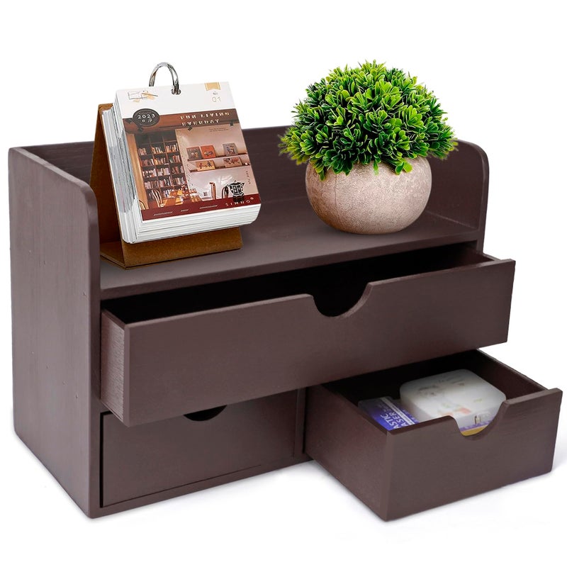 Besti Wooden Office Desk Organizer - Organizing Tool for Desktop, Cubicle, Bedroom, Kitchen - Vintage Style Organization Caddy with Top Tray Shelf & 3 Drawers - 13.6x9x7 Inches (Dark Brown) - Image 1