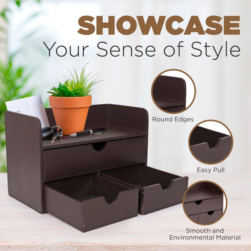 Besti Wooden Office Desk Organizer - Organizing Tool for Desktop, Cubicle, Bedroom, Kitchen - Vintage Style Organization Caddy with Top Tray Shelf & 3 Drawers - 13.6x9x7 Inches (Dark Brown) - Image 3