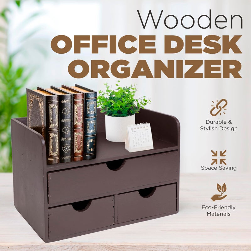 Besti Wooden Office Desk Organizer - Organizing Tool for Desktop, Cubicle, Bedroom, Kitchen - Vintage Style Organization Caddy with Top Tray Shelf & 3 Drawers - 13.6x9x7 Inches (Dark Brown) - Image 2