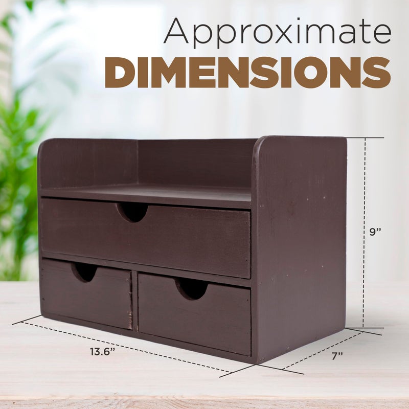 Besti Wooden Office Desk Organizer - Organizing Tool for Desktop, Cubicle, Bedroom, Kitchen - Vintage Style Organization Caddy with Top Tray Shelf & 3 Drawers - 13.6x9x7 Inches (Dark Brown) - Image 4