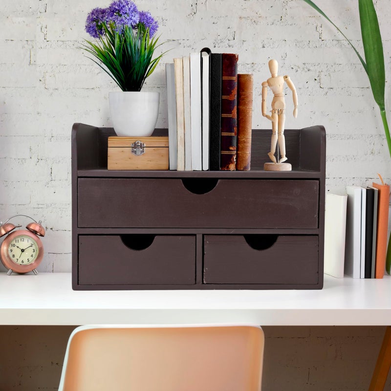 Besti Wooden Office Desk Organizer - Organizing Tool for Desktop, Cubicle, Bedroom, Kitchen - Vintage Style Organization Caddy with Top Tray Shelf & 3 Drawers - 13.6x9x7 Inches (Dark Brown) - Image 5