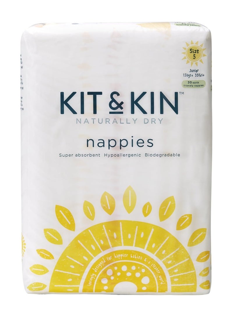 Kit & Kin Eco-Friendly Taped Diapers Size 5 (10-15 Kg) - 30 Counts | Hypoallergenic Disposable Diapers | Flash Dry with Superior Leak Protection