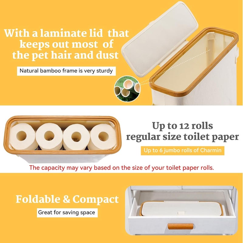 FuBegi Toilet Paper Storage Basket with Lid, Toilet Paper Organizer for Bathroom, Bamboo Toilet Paper Storage Holder Stand Free Standing with Handle, Enclosed Toilet Paper Tissue Storage Bin Container, Beige - Image 3