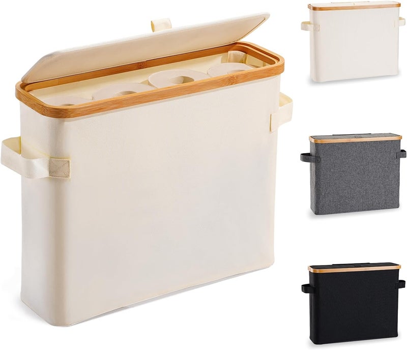 FuBegi Toilet Paper Storage Basket with Lid, Toilet Paper Organizer for Bathroom, Bamboo Toilet Paper Storage Holder Stand Free Standing with Handle, Enclosed Toilet Paper Tissue Storage Bin Container, Beige - Image 1