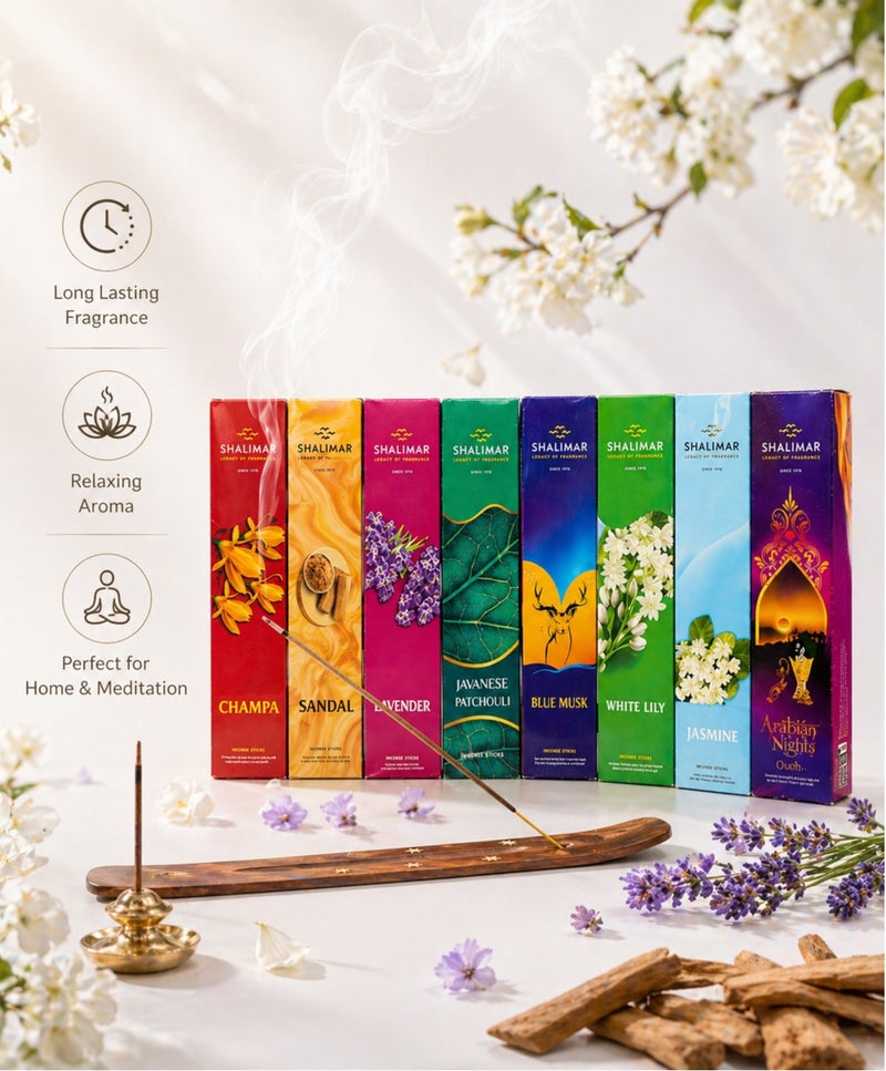 shalimar Premium Incense Sticks Pack of 8 – Agarbatti Set with Champa, Sandal, Lavender, Javanese Patchouli, Blue Musk, White Lily, Jasmine & Arabian Nights Oudh – Long Lasting Fragrance for Home & Meditation - Image 2