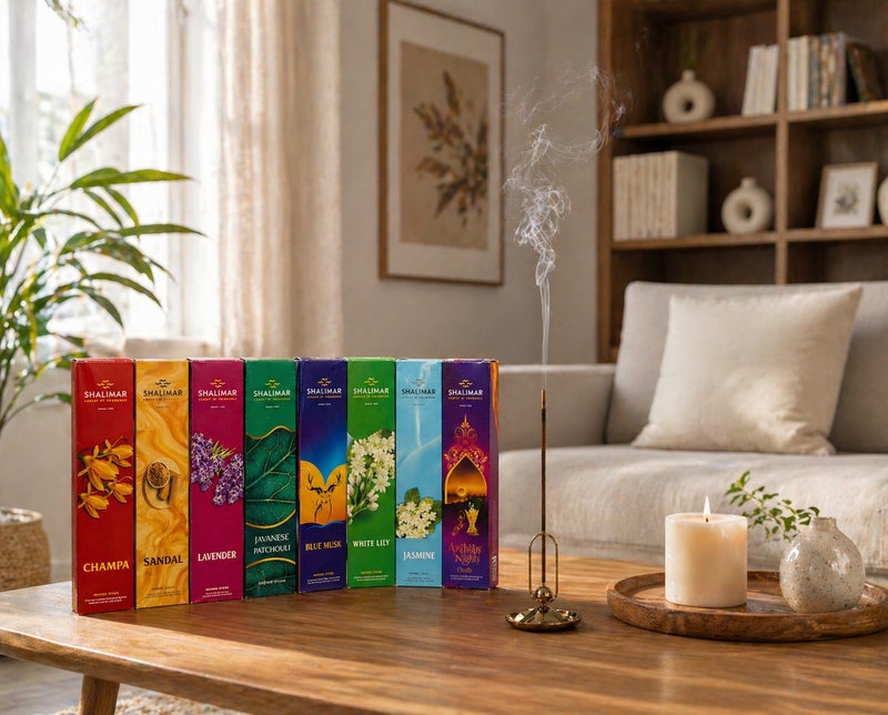shalimar Premium Incense Sticks Pack of 8 – Agarbatti Set with Champa, Sandal, Lavender, Javanese Patchouli, Blue Musk, White Lily, Jasmine & Arabian Nights Oudh – Long Lasting Fragrance for Home & Meditation - Image 4