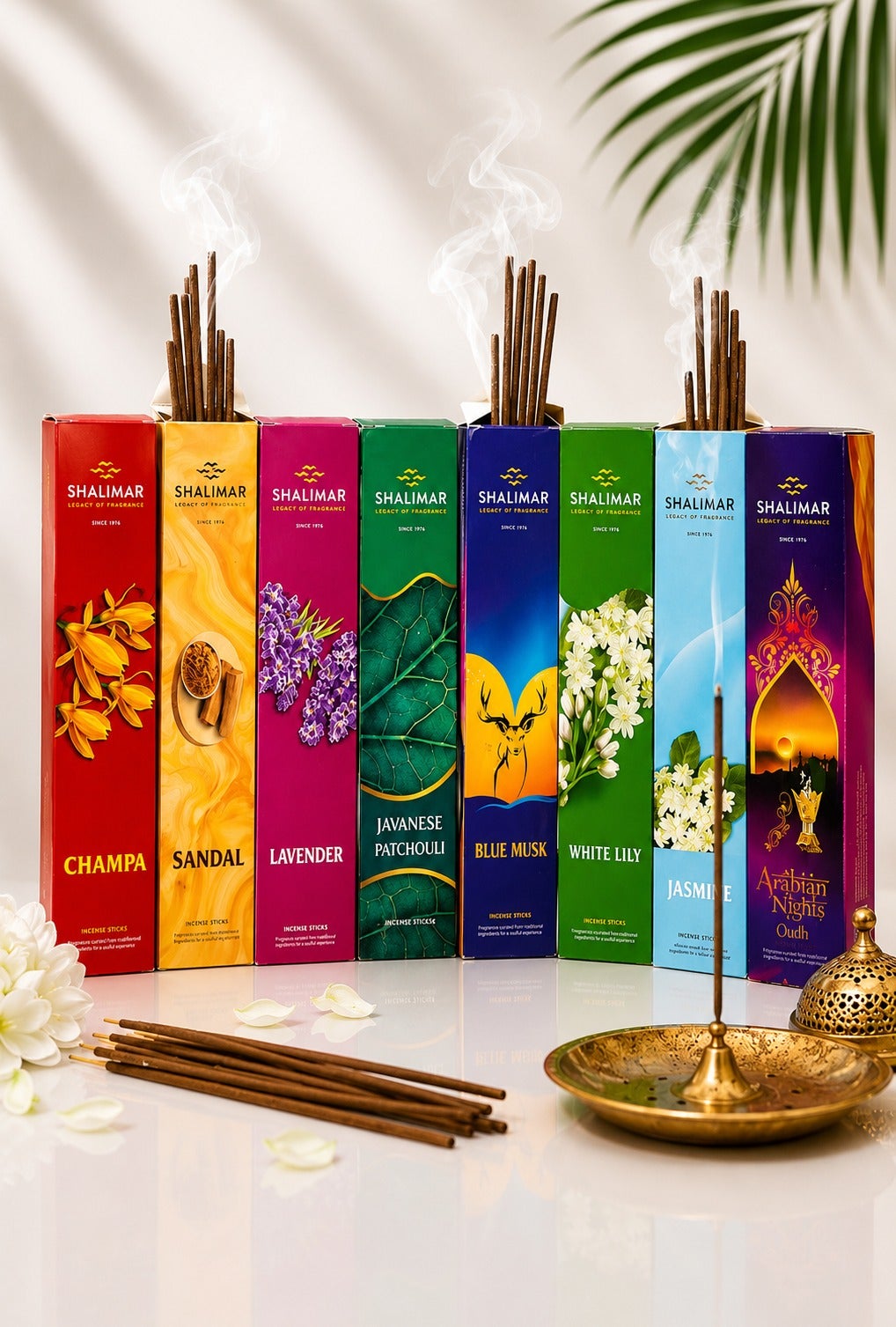 shalimar Premium Incense Sticks Pack of 8 – Agarbatti Set with Champa, Sandal, Lavender, Javanese Patchouli, Blue Musk, White Lily, Jasmine & Arabian Nights Oudh – Long Lasting Fragrance for Home & Me