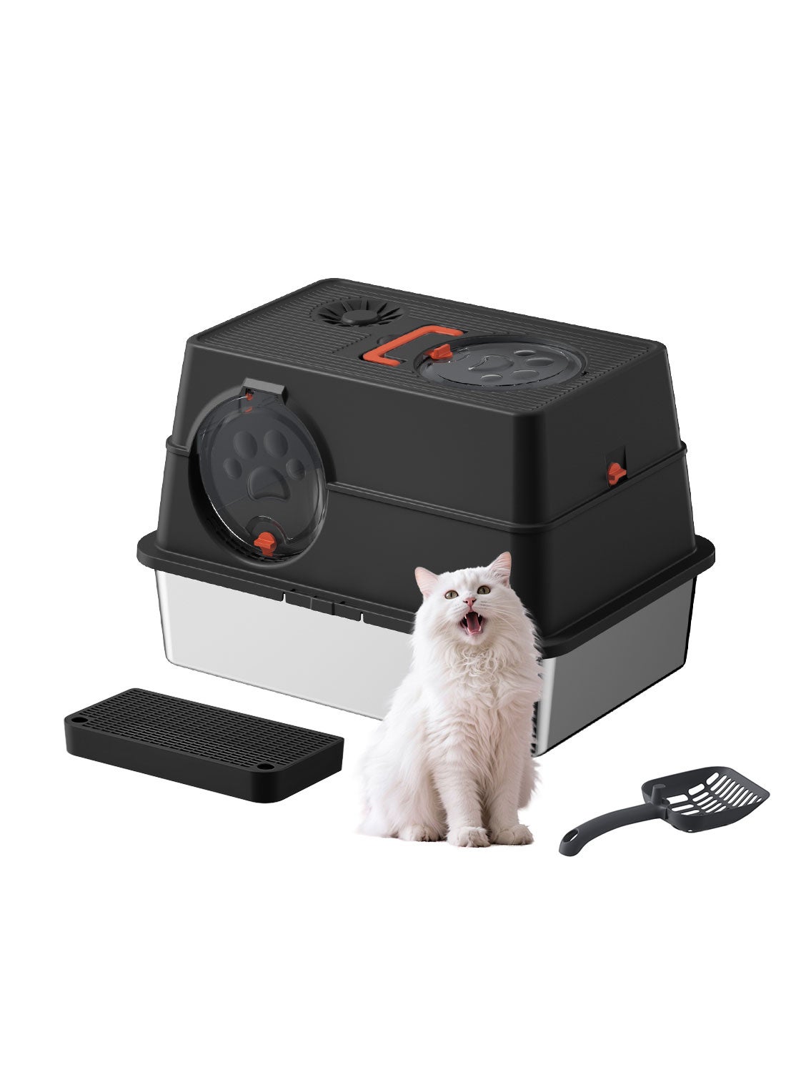 Large Fully Enclosed Stainless Steel Cat Litter Box with Litter Scoop Cat Toilet Cat Litter Tray High Wall Side Shell Non-Sticky Anti Splashing and Easy Clean 60*41*38cm