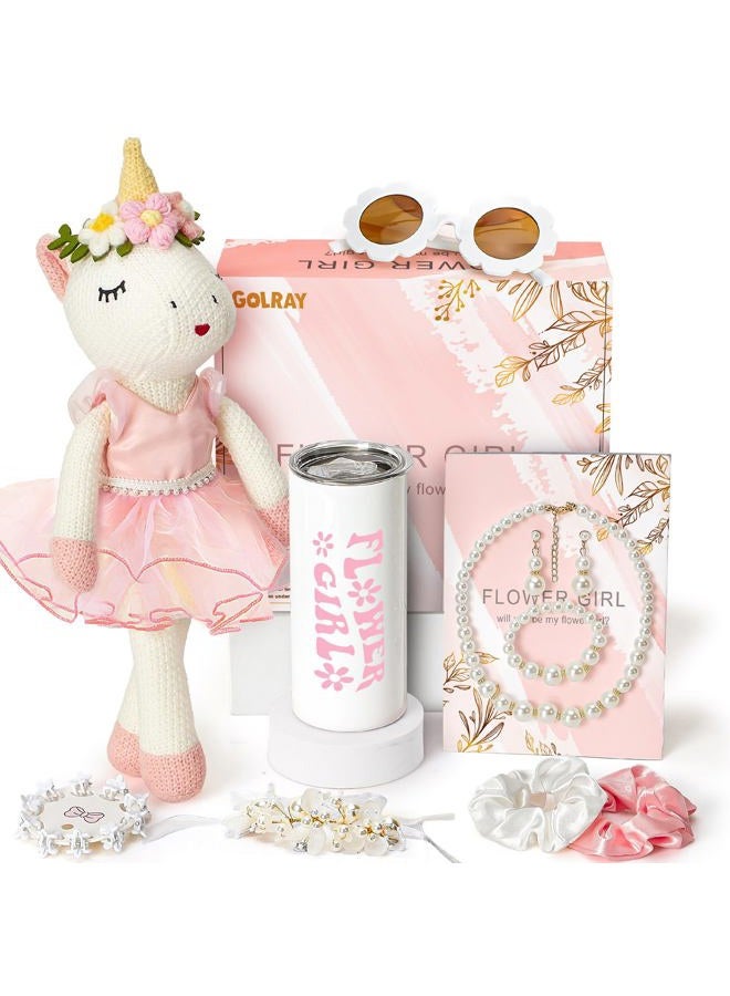Golray Flower Girl Proposal Gifts Set, Will You Be My Flower Girl Gift with 16in Knitted Unicorn/ 15oz Cup/Floral Sunglasses/Hair Accessory/Jewelry Set Wedding Bride Gift Box Unicorn Toys for Girls - Image 1